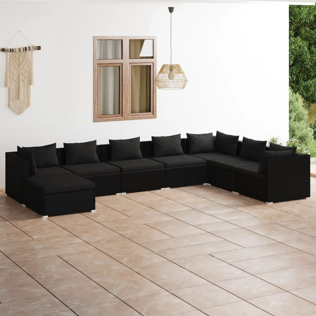 8-tlg. Garten-Lounge-Set mit Kissen Poly Rattan Schwarz
