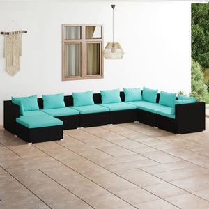 8-tlg. Garten-Lounge-Set mit Kissen Poly Rattan Schwarz