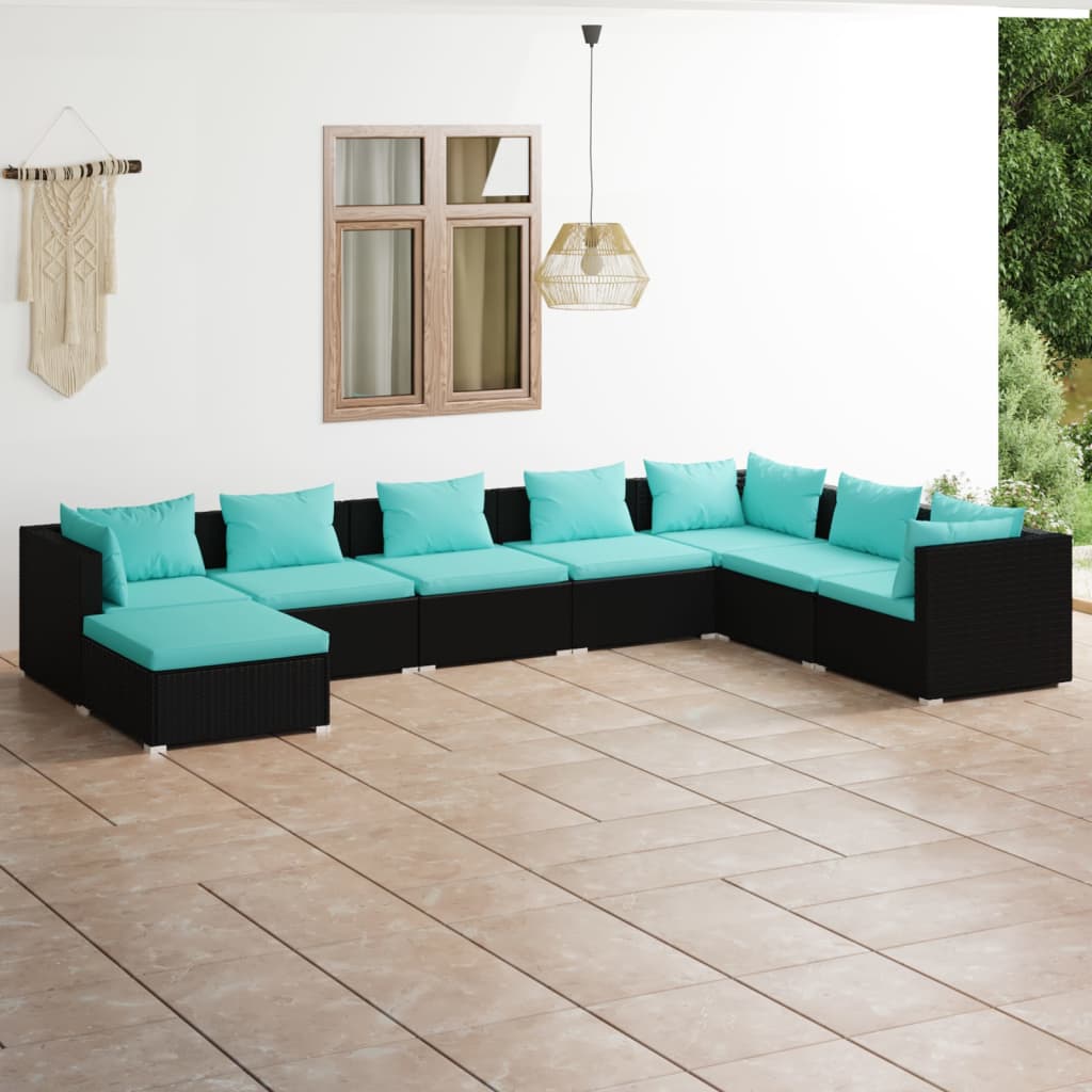 8-tlg. Garten-Lounge-Set mit Kissen Poly Rattan Schwarz