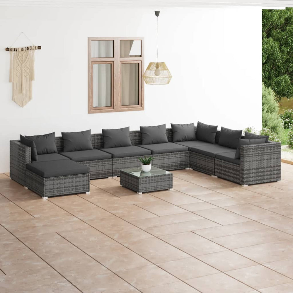 9-tlg. Garten-Lounge-Set mit Kissen Poly Rattan Grau