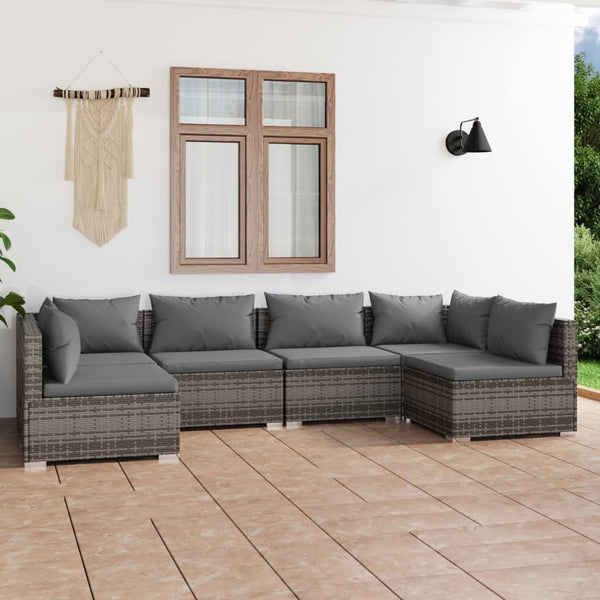 6-tlg. Garten-Lounge-Set mit Kissen Poly Rattan Grau