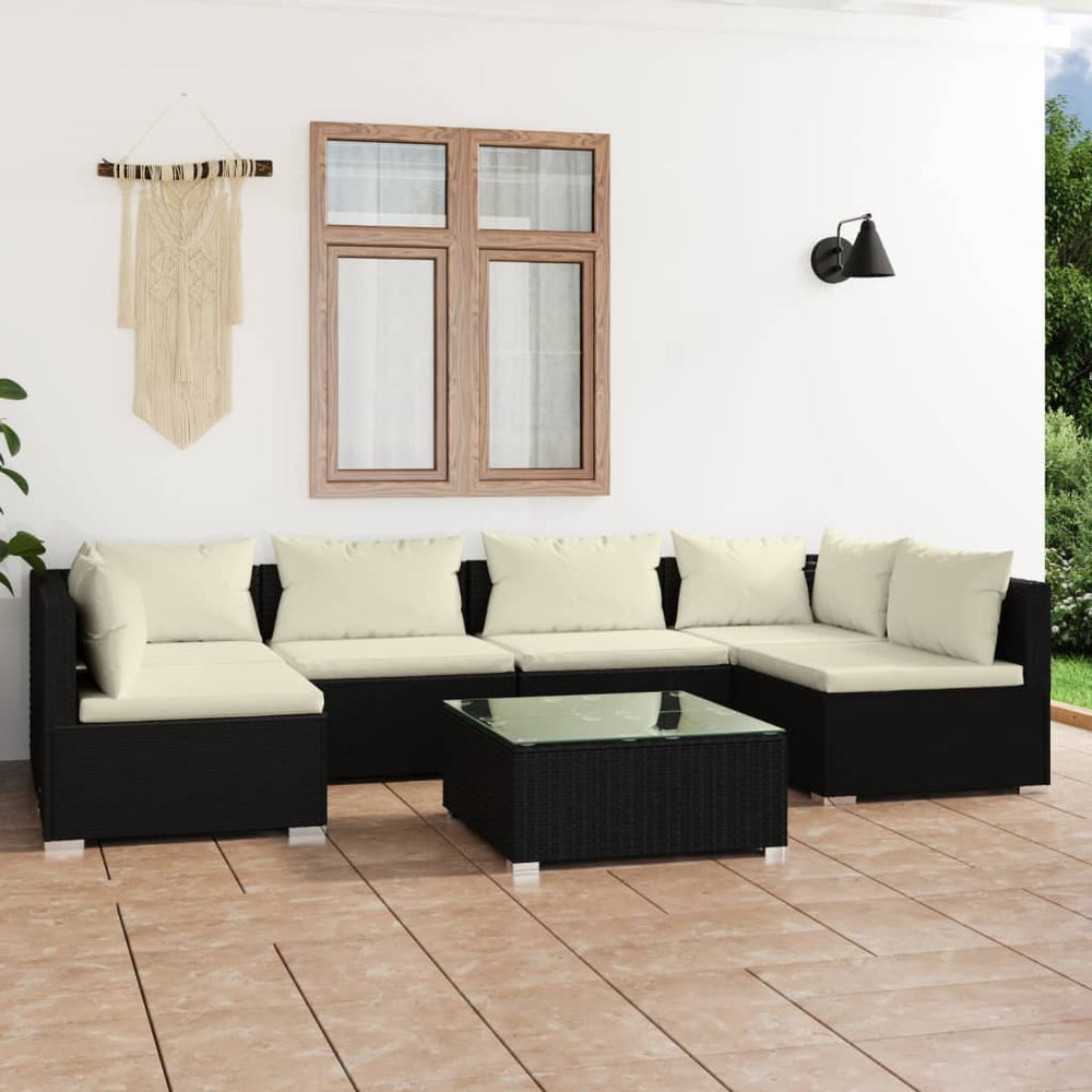7-tlg. Garten-Lounge-Set mit Kissen Poly Rattan Schwarz