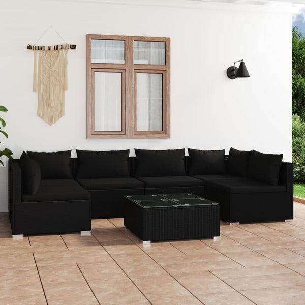 7-tlg. Garten-Lounge-Set mit Kissen Poly Rattan Schwarz