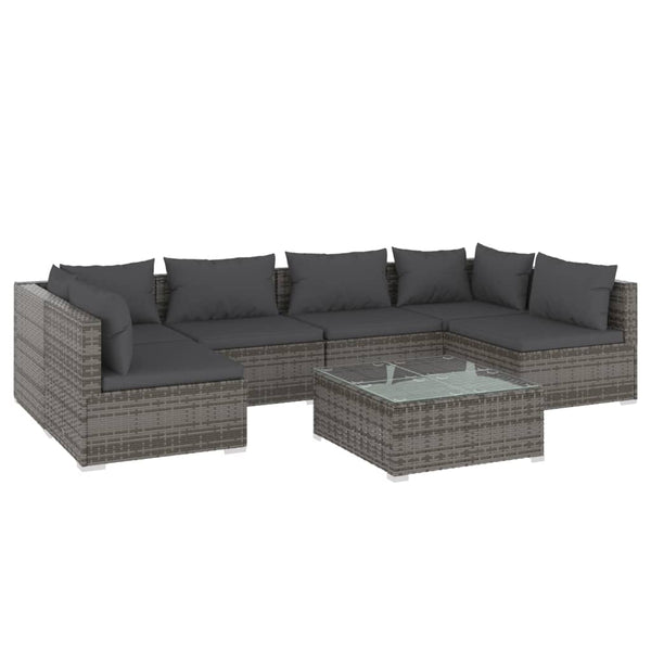 7-tlg. Garten-Lounge-Set mit Kissen Poly Rattan Grau