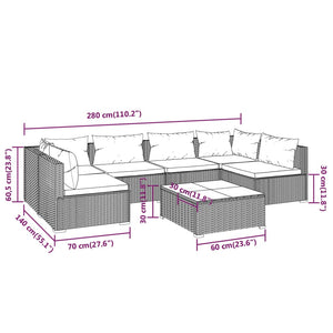 7-tlg. Garten-Lounge-Set mit Kissen Poly Rattan Grau