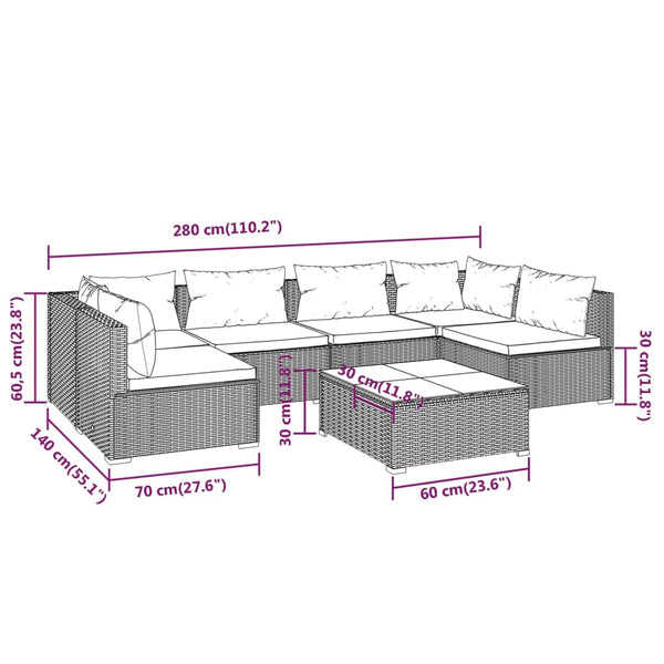 7-tlg. Garten-Lounge-Set mit Kissen Poly Rattan Grau