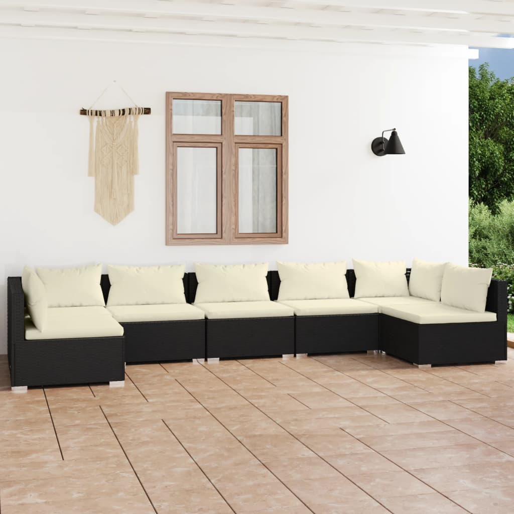 7-tlg. Garten-Lounge-Set mit Kissen Poly Rattan Schwarz