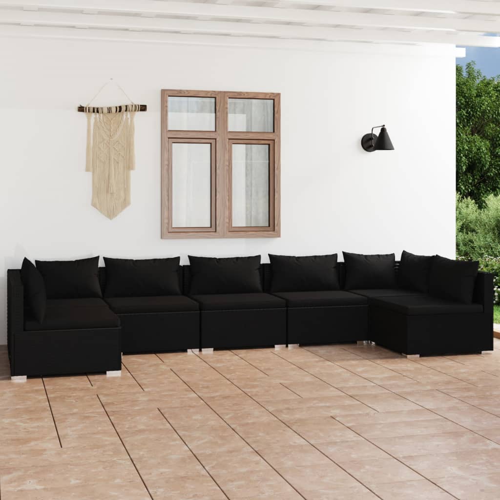 7-tlg. Garten-Lounge-Set mit Kissen Poly Rattan Schwarz