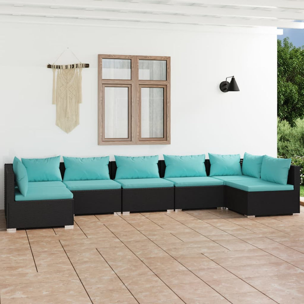 7-tlg. Garten-Lounge-Set mit Kissen Poly Rattan Schwarz