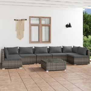 8-tlg. Garten-Lounge-Set mit Kissen Poly Rattan Grau