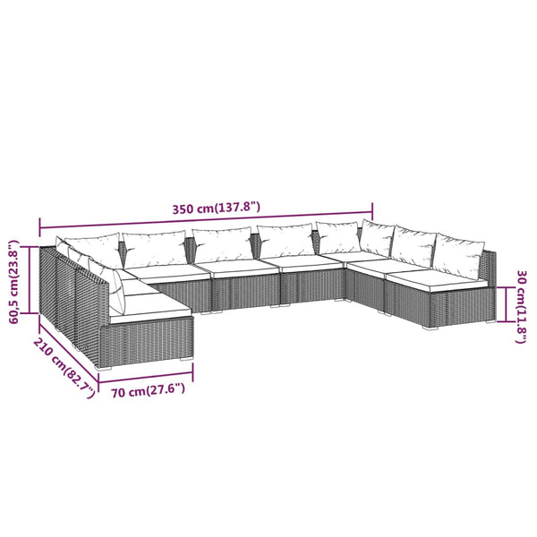 9-tlg. Garten-Lounge-Set mit Kissen Poly Rattan Grau