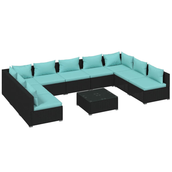 10-tlg. Garten-Lounge-Set mit Kissen Poly Rattan Schwarz