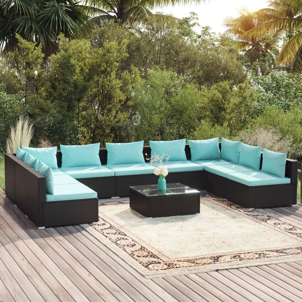 10-tlg. Garten-Lounge-Set mit Kissen Poly Rattan Schwarz