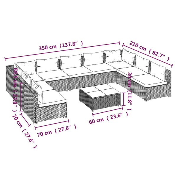 10-tlg. Garten-Lounge-Set mit Kissen Poly Rattan Braun