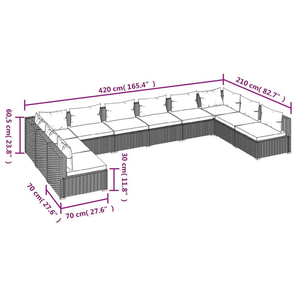 10-tlg. Garten-Lounge-Set mit Kissen Poly Rattan Schwarz