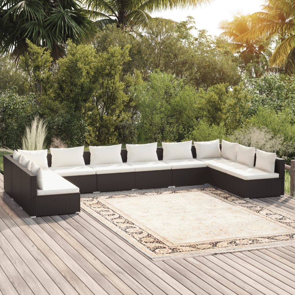 10-tlg. Garten-Lounge-Set mit Kissen Poly Rattan Schwarz