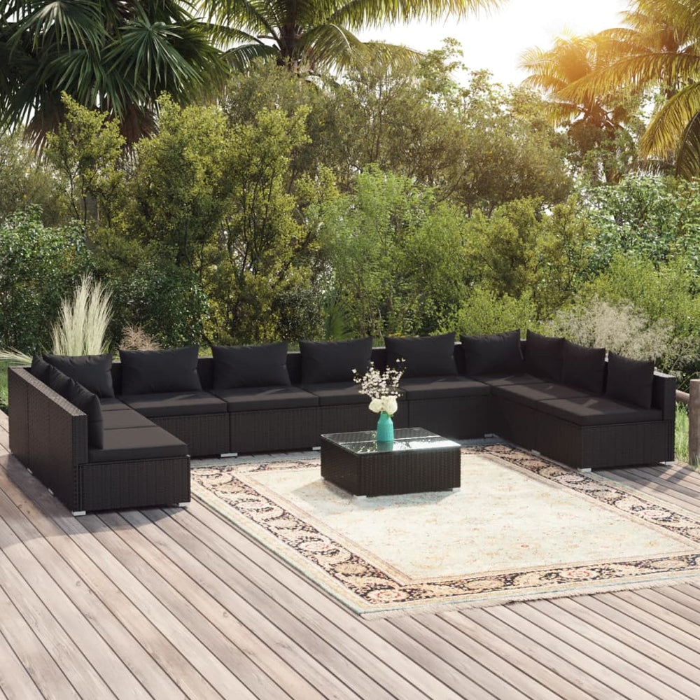 11-tlg. Garten-Lounge-Set mit Kissen Poly Rattan Schwarz