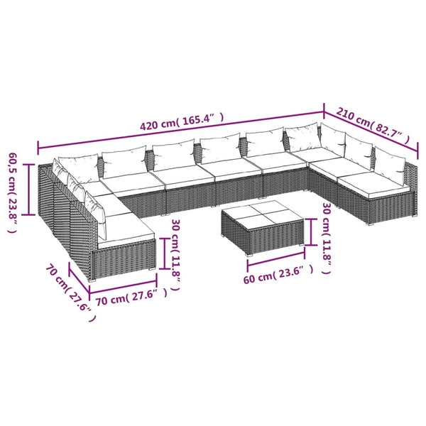 11-tlg. Garten-Lounge-Set mit Kissen Poly Rattan Braun