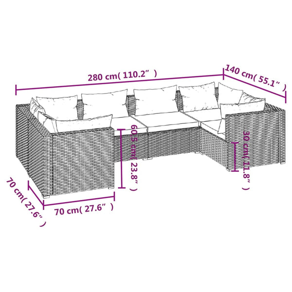 6-tlg. Garten-Lounge-Set mit Auflagen Poly Rattan Braun