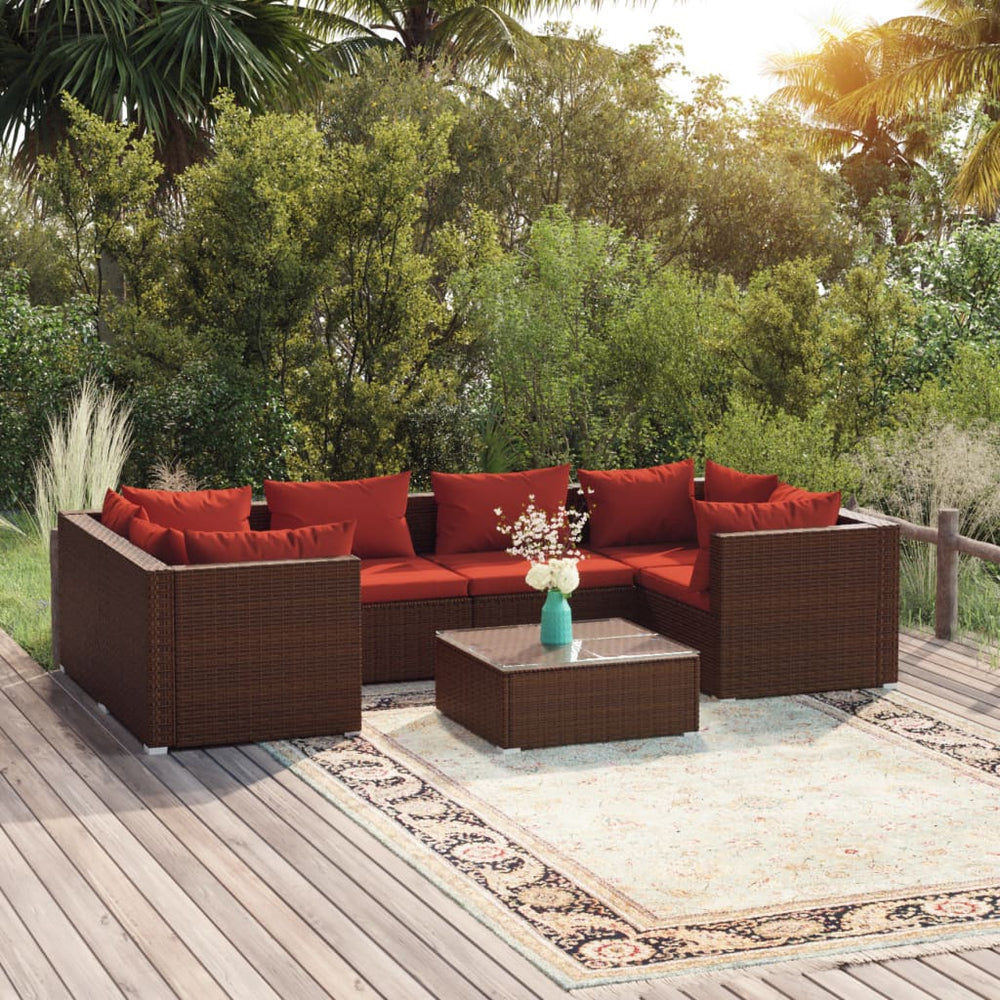 vidaXL Salon de jardin 7 pcs avec coussins résine tressée marron