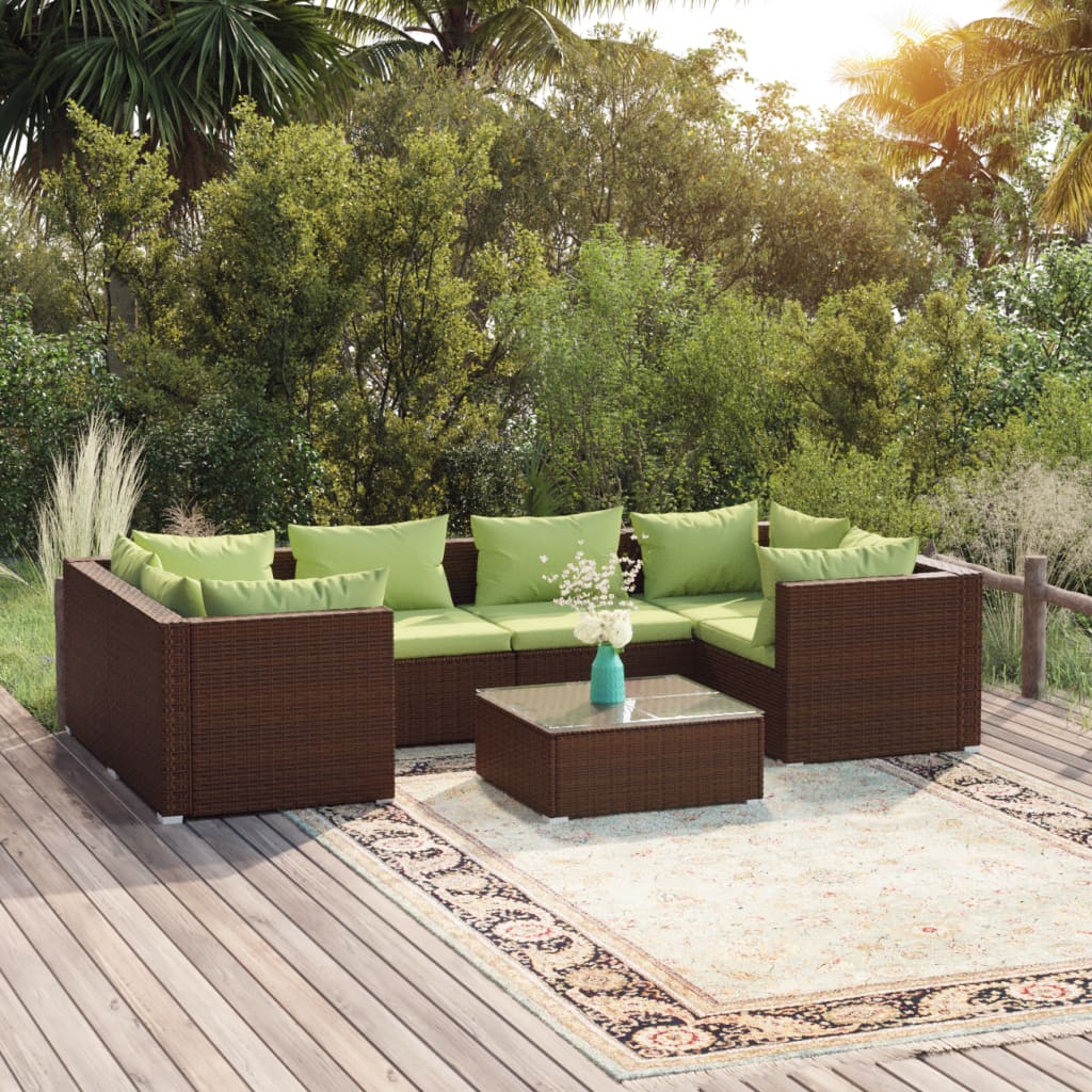 7-tlg. Garten-Lounge-Set mit Kissen Poly Rattan Braun