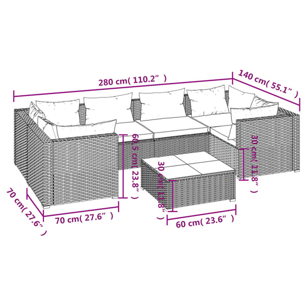 7-tlg. Garten-Lounge-Set mit Kissen Poly Rattan Grau