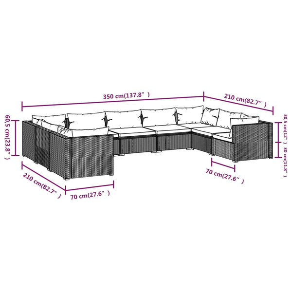 9-tlg. Garten-Lounge-Set mit Kissen Poly Rattan Grau