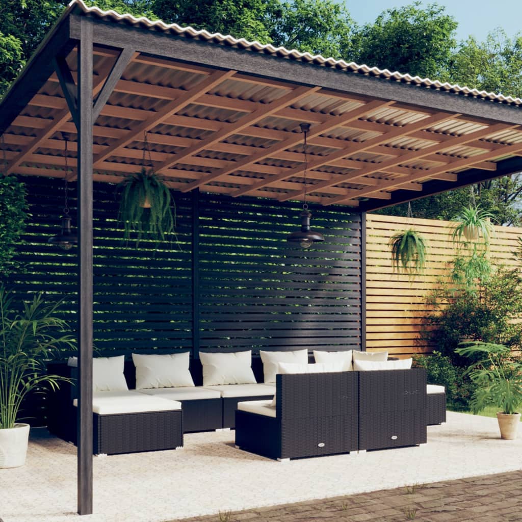 9-tlg. Garten-Lounge-Set mit Kissen Schwarz Poly Rattan