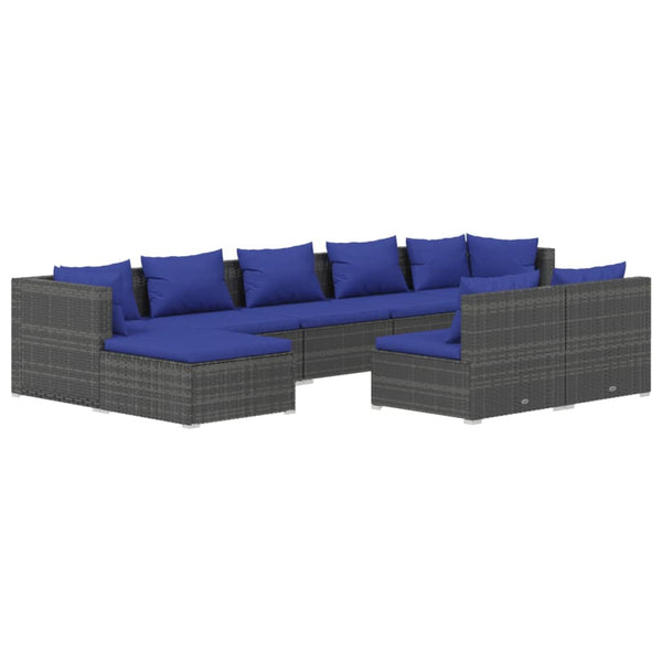 9-tlg. Garten-Lounge-Set mit Kissen Grau Poly Rattan