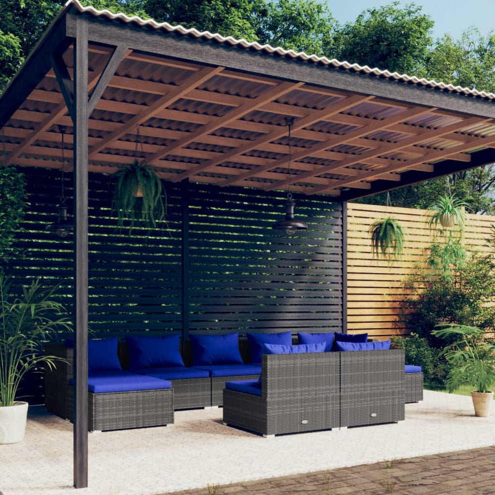 vidaXL Salon de jardin 9 pcs avec coussins Résine tressée Gris