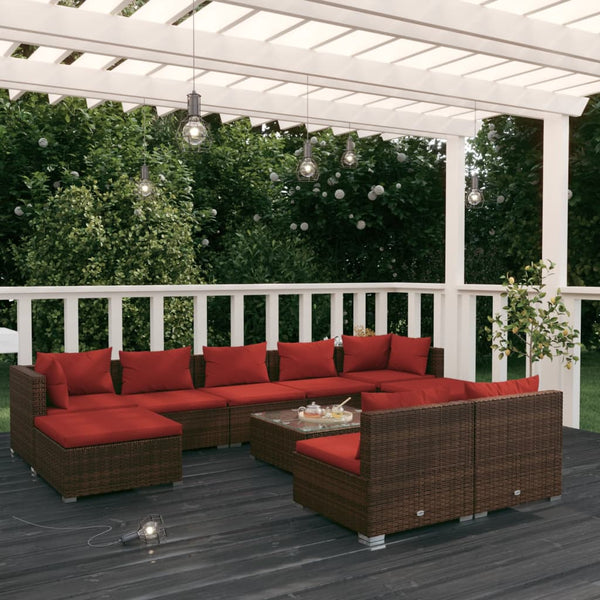 10-tlg. Garten-Lounge-Set mit Kissen Braun Poly Rattan