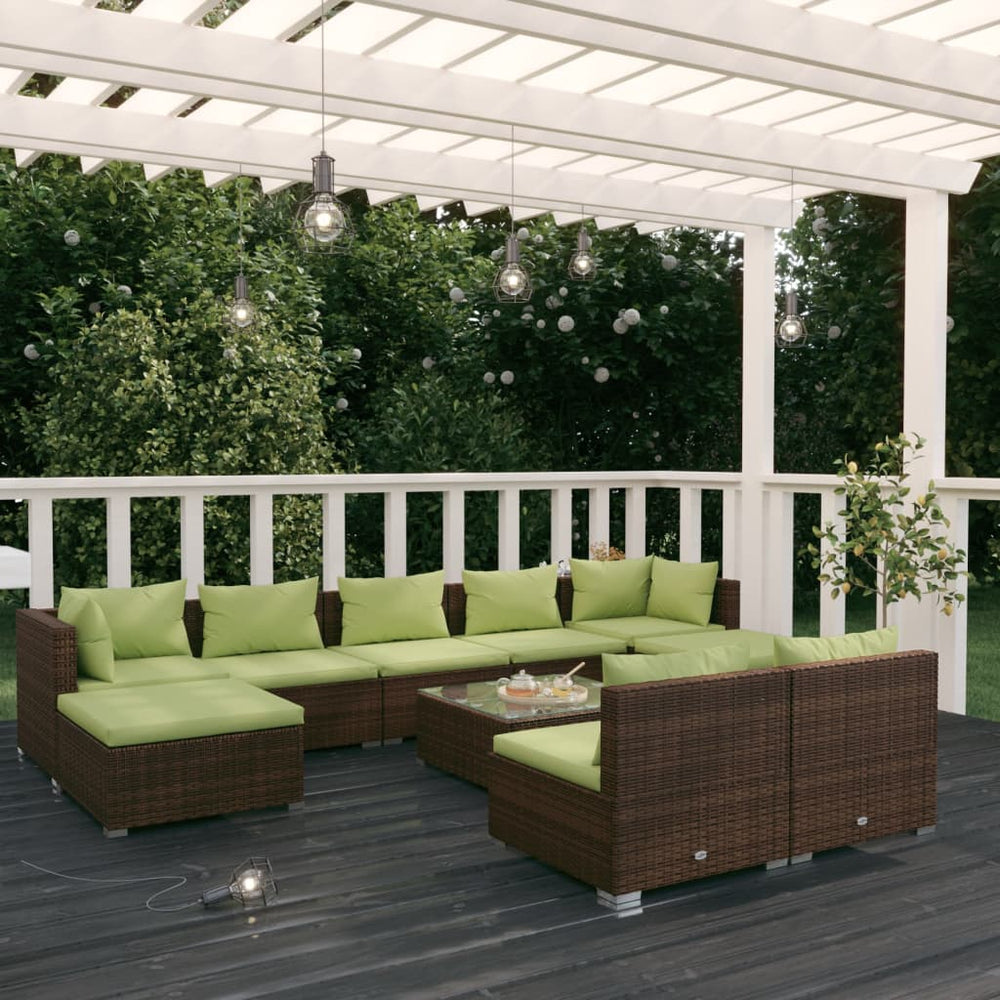 10-tlg. Garten-Lounge-Set mit Kissen Braun Poly Rattan