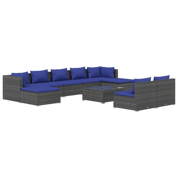 10-tlg. Garten-Lounge-Set mit Kissen Grau Poly Rattan