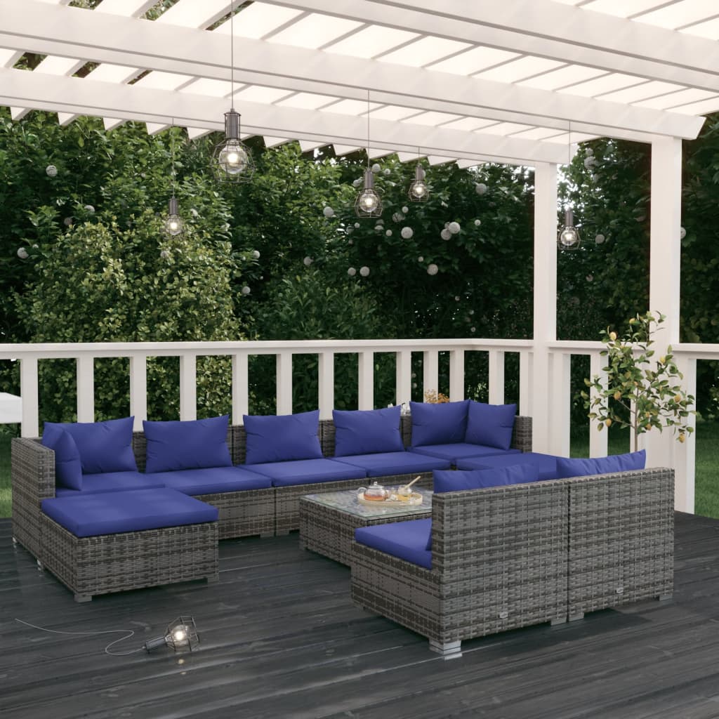 10-tlg. Garten-Lounge-Set mit Kissen Grau Poly Rattan