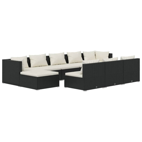 10-tlg. Garten-Lounge-Set mit Kissen Schwarz Poly Rattan
