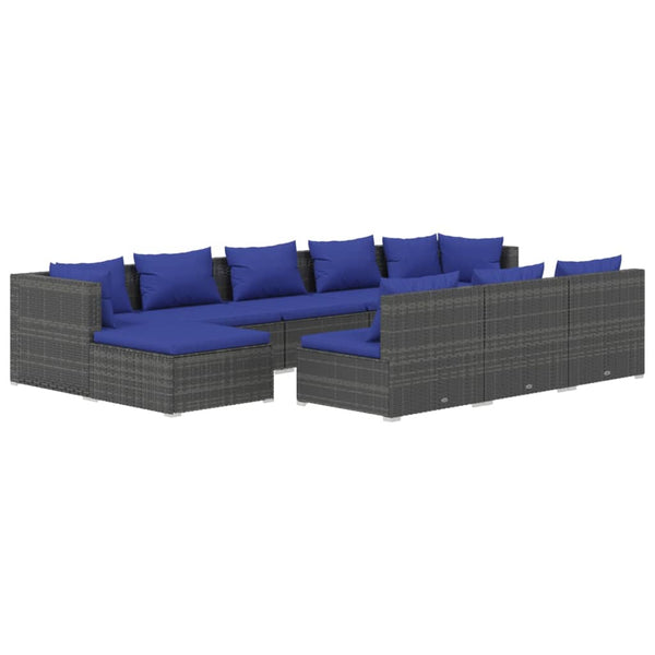 10-tlg. Garten-Lounge-Set mit Kissen Grau Poly Rattan