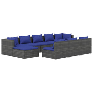 10-tlg. Garten-Lounge-Set mit Kissen Grau Poly Rattan