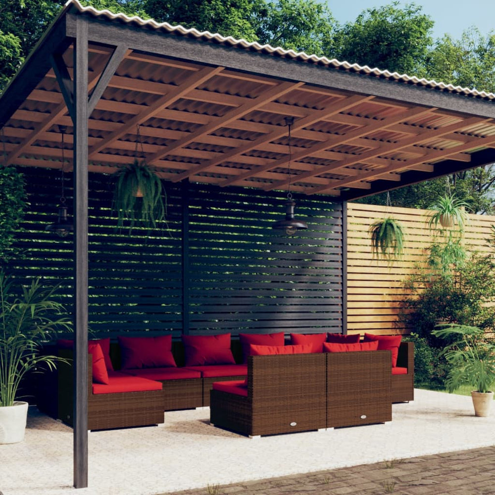 vidaXL Salon de jardin 9 pcs avec coussins résine tressée marron