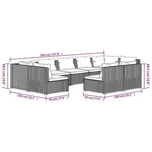 9-tlg. Garten-Lounge-Set mit Kissen Grau Poly Rattan