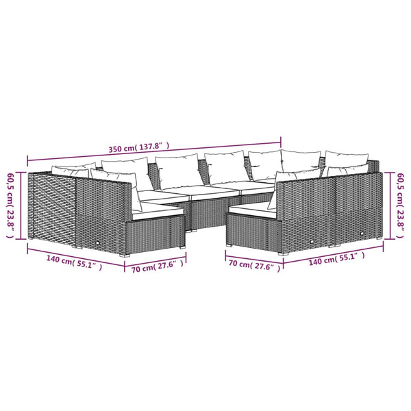 9-tlg. Garten-Lounge-Set mit Kissen Grau Poly Rattan