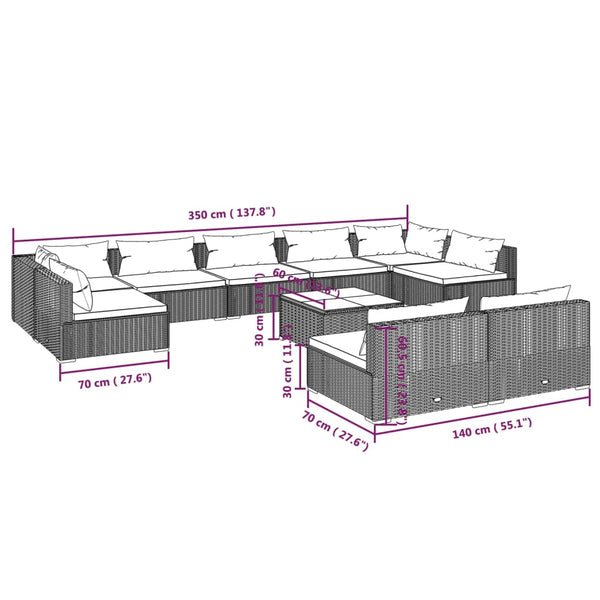 10-tlg. Garten-Lounge-Set mit Kissen Schwarz Poly Rattan