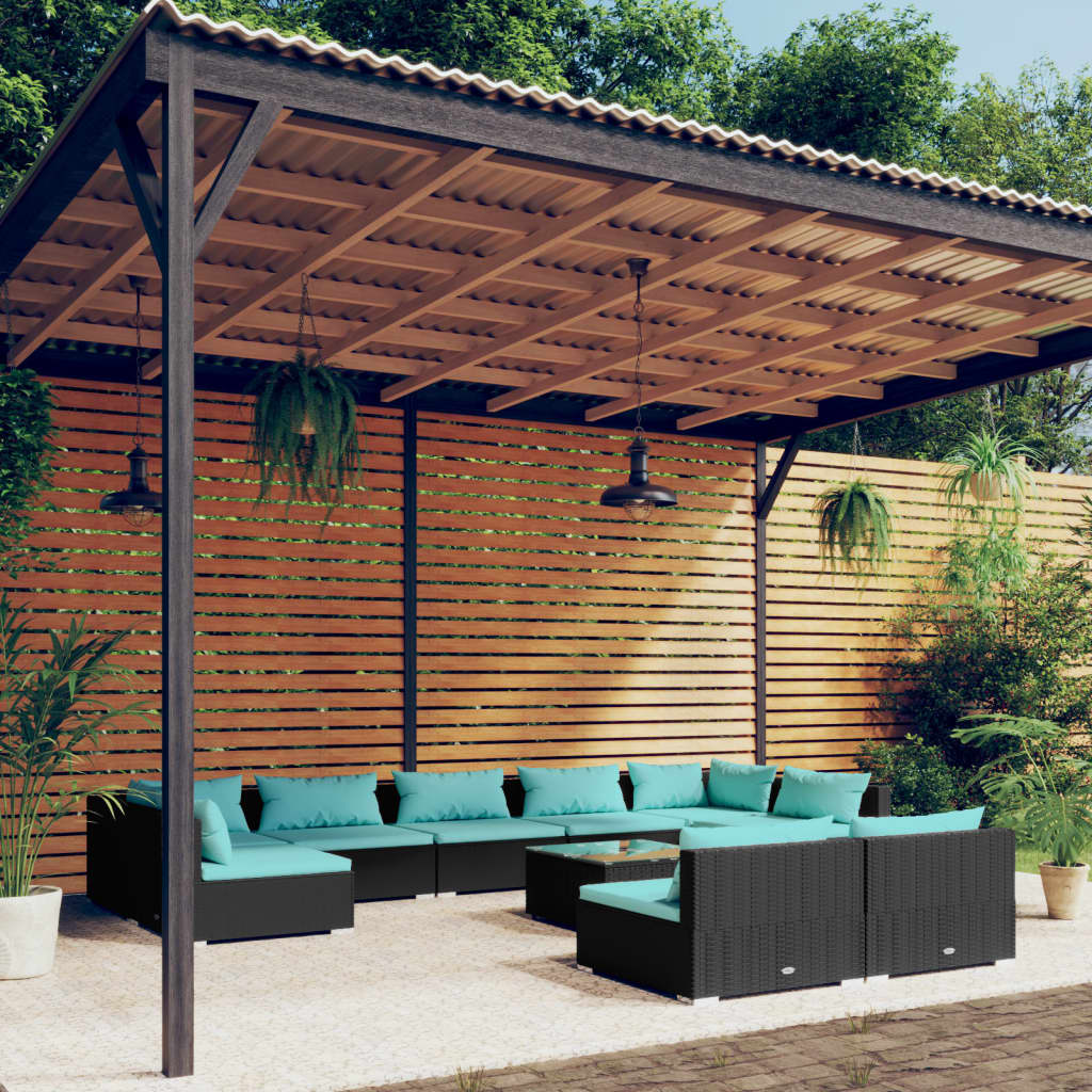10-tlg. Garten-Lounge-Set mit Kissen Schwarz Poly Rattan