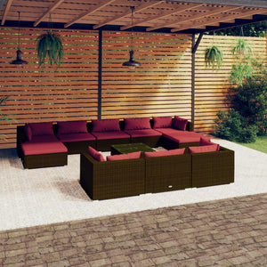 11-tlg. Garten-Lounge-Set mit Kissen Braun Poly Rattan