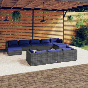 11-tlg. Garten-Lounge-Set mit Kissen Grau Poly Rattan