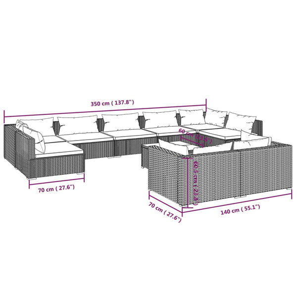 10-tlg. Garten-Lounge-Set mit Kissen Schwarz Poly Rattan