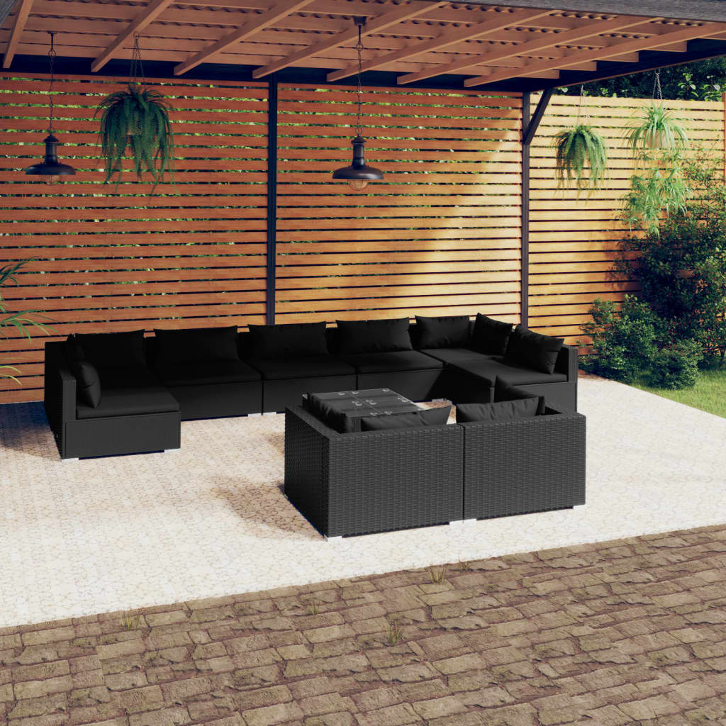 10-tlg. Garten-Lounge-Set mit Kissen Schwarz Poly Rattan