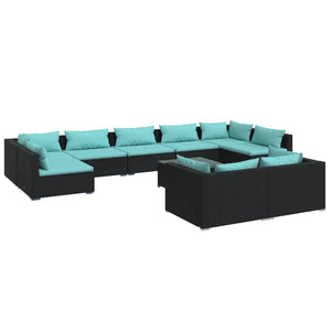 10-tlg. Garten-Lounge-Set mit Kissen Schwarz Poly Rattan