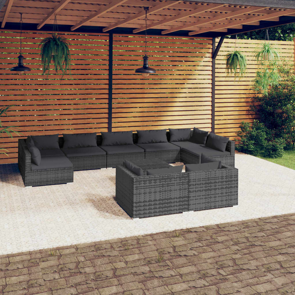 10-tlg. Garten-Lounge-Set mit Kissen Grau Poly Rattan