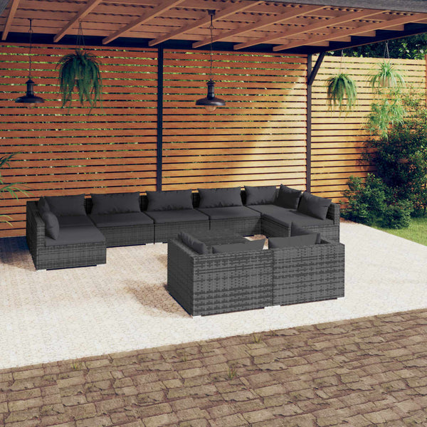 10-tlg. Garten-Lounge-Set mit Kissen Grau Poly Rattan