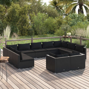 11-tlg. Garten-Lounge-Set mit Kissen Schwarz Poly Rattan